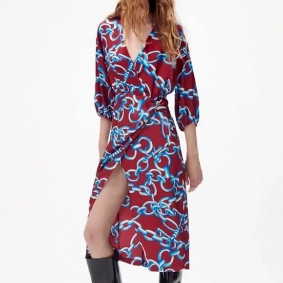Zara Dresses & Skirts - Zara Blogger Favorite Satin Chain Print Faux Wrap Midi Dress